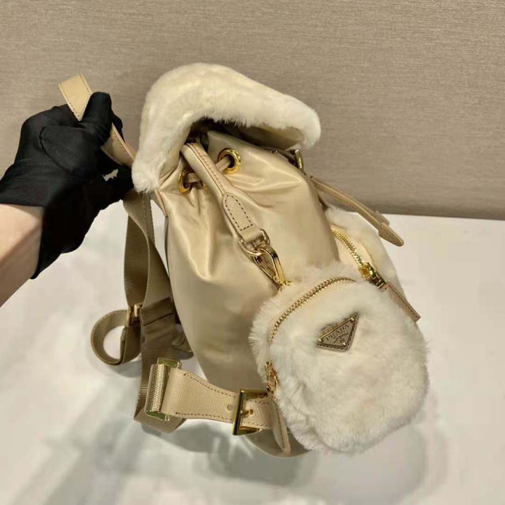 Prada Women Re-Nylon and Shearling Backpack-Beige - image 5
