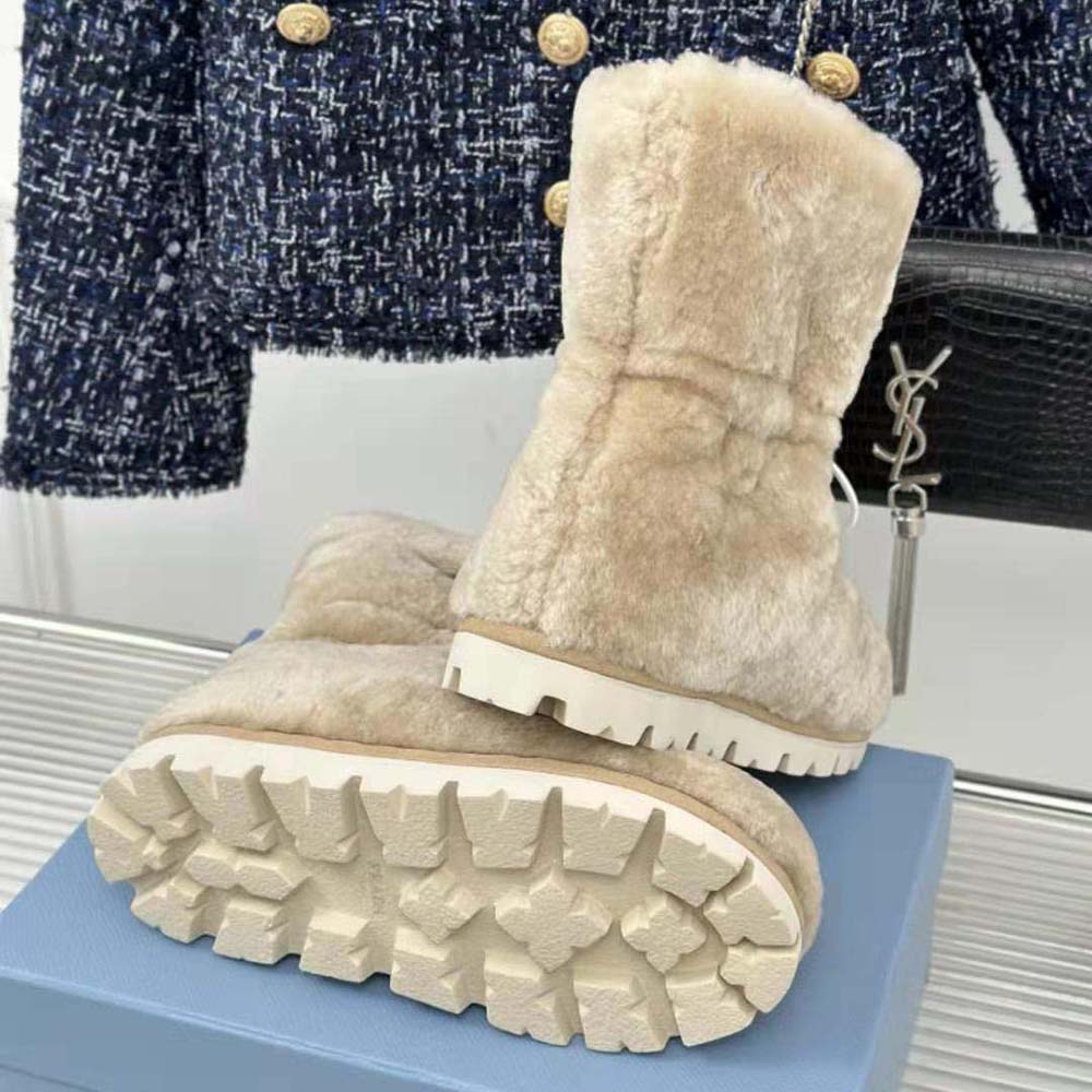 Prada Women Shearling Booties with Enameled Metal Triangle Logo-Beige - image 10
