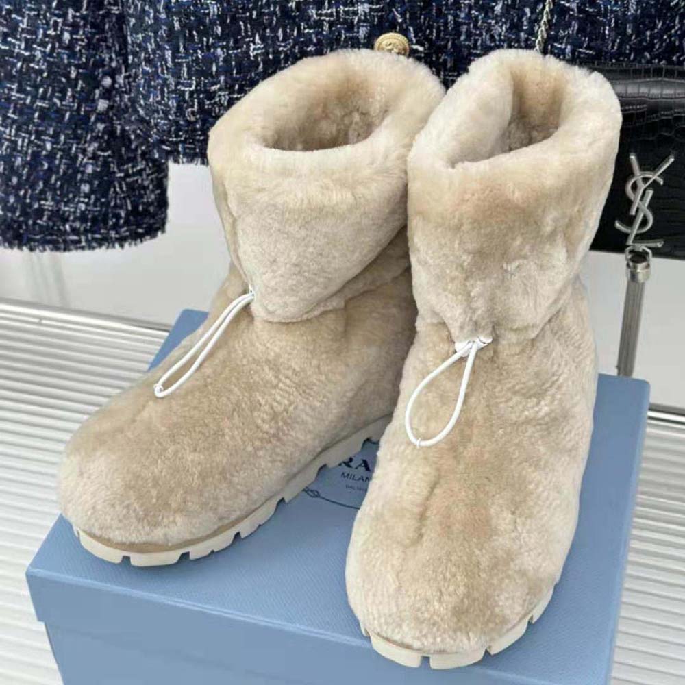 Prada Women Shearling Booties with Enameled Metal Triangle Logo-Beige - image 4