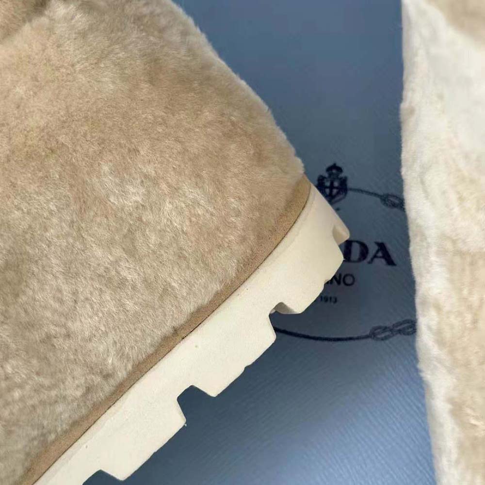 Prada Women Shearling Booties with Enameled Metal Triangle Logo-Beige - image 9