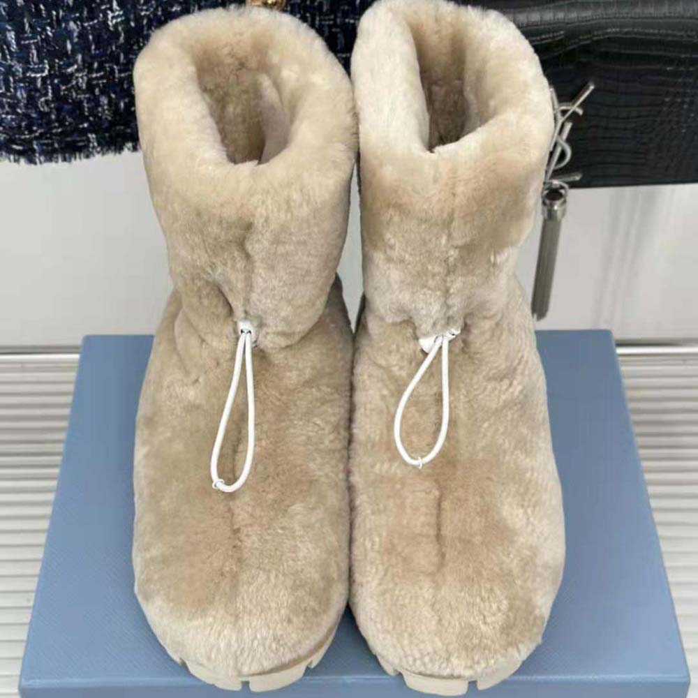 Prada Women Shearling Booties with Enameled Metal Triangle Logo-Beige - image 5