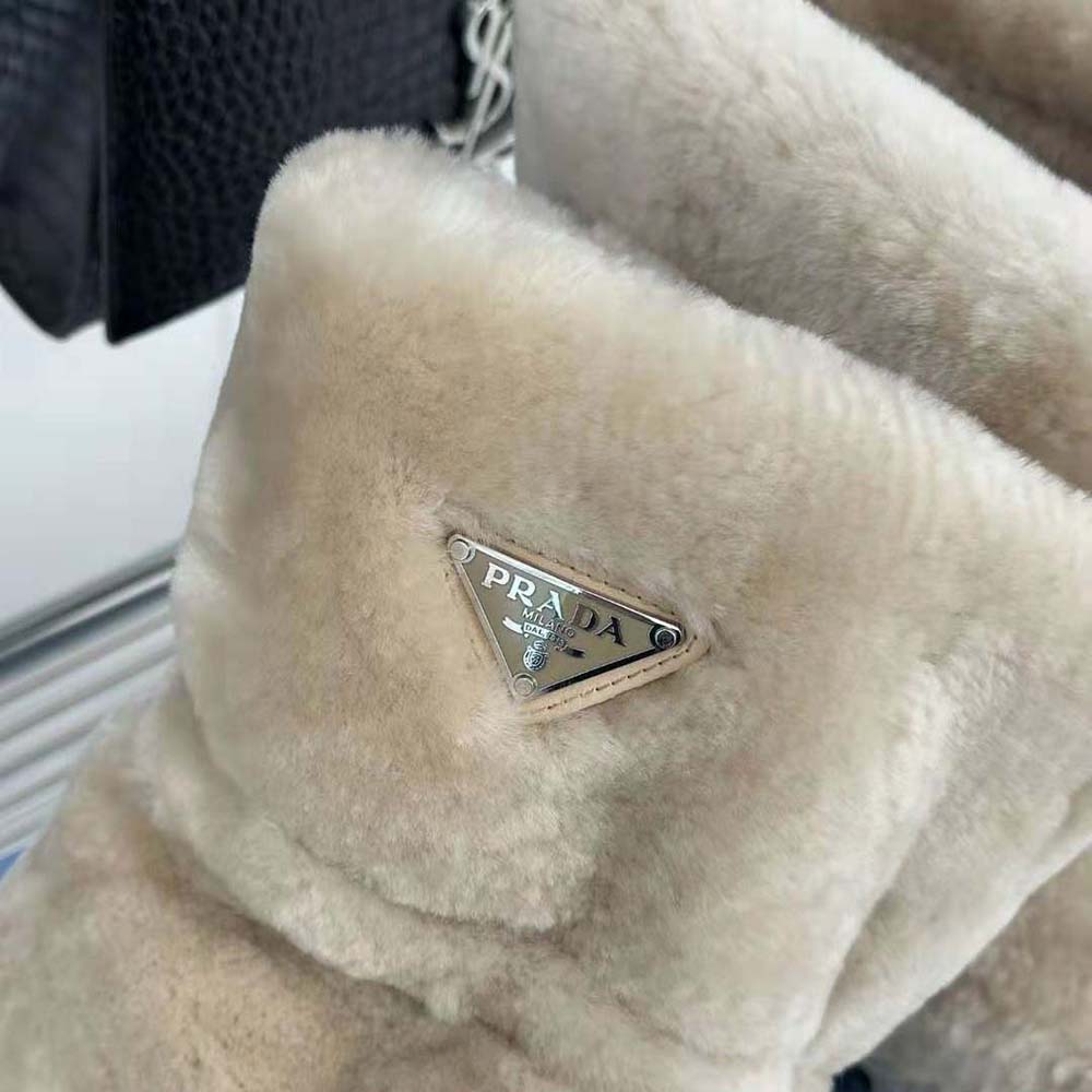 Prada Women Shearling Booties with Enameled Metal Triangle Logo-Beige - image 6