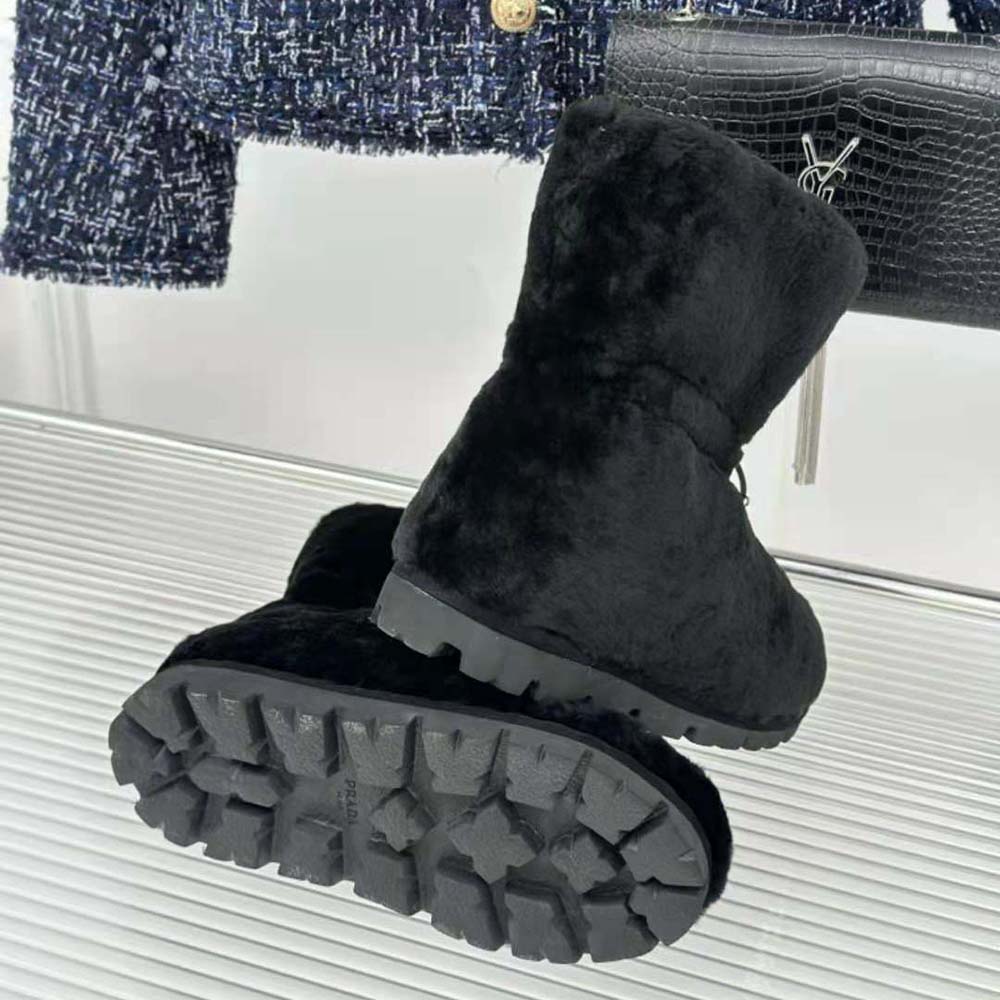 Prada Women Shearling Booties with Enameled Metal Triangle Logo-Black - image 10