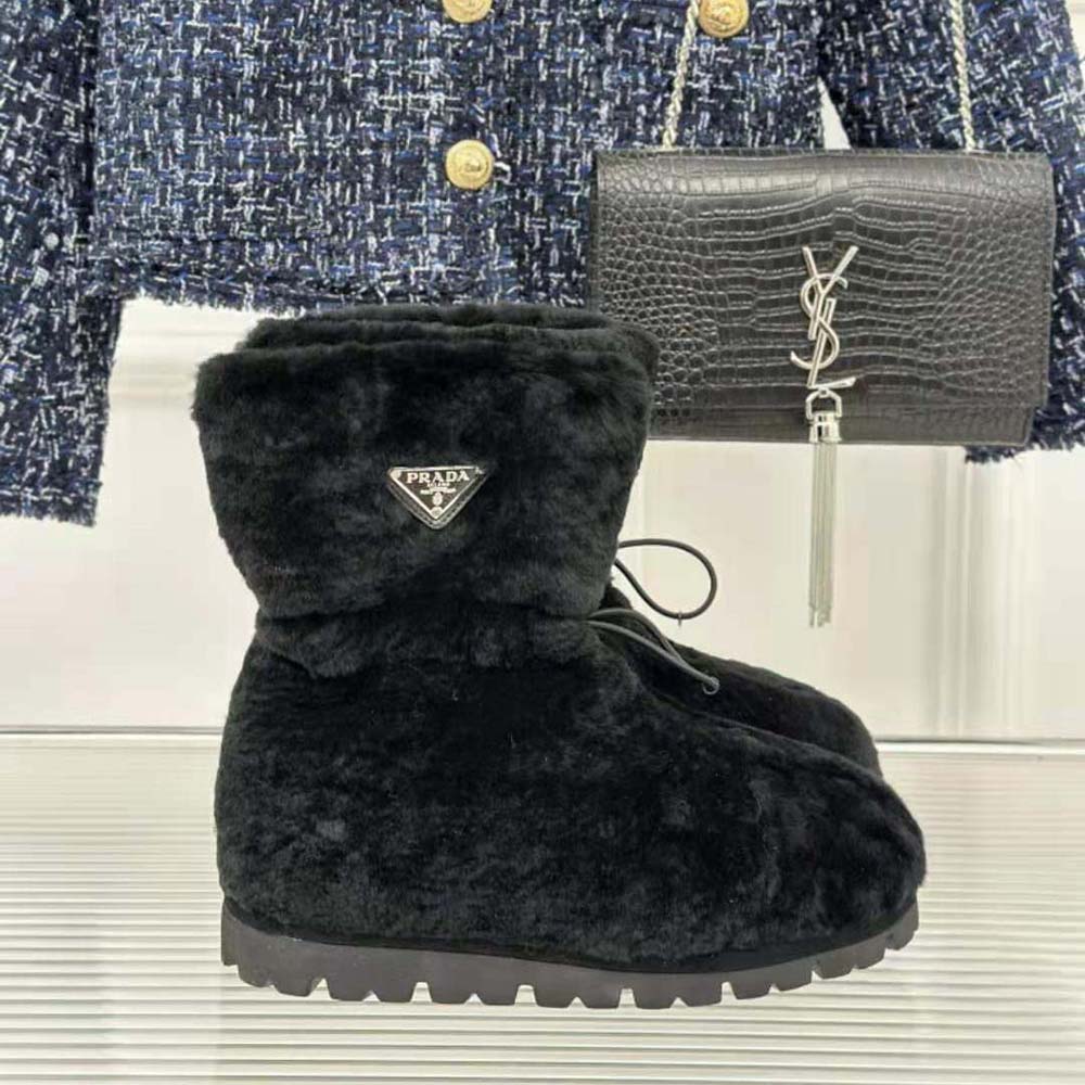 Prada Women Shearling Booties with Enameled Metal Triangle Logo-Black - image 7