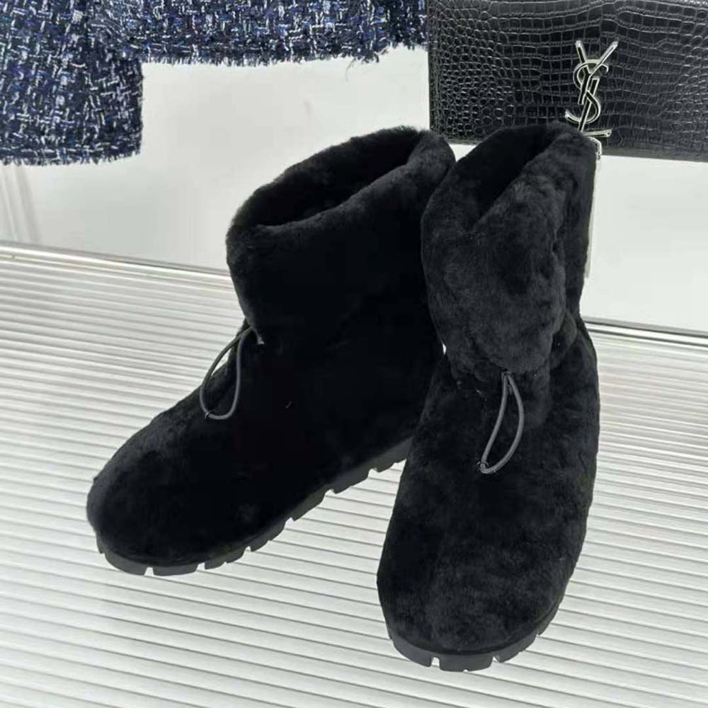 Prada Women Shearling Booties with Enameled Metal Triangle Logo-Black - image 5