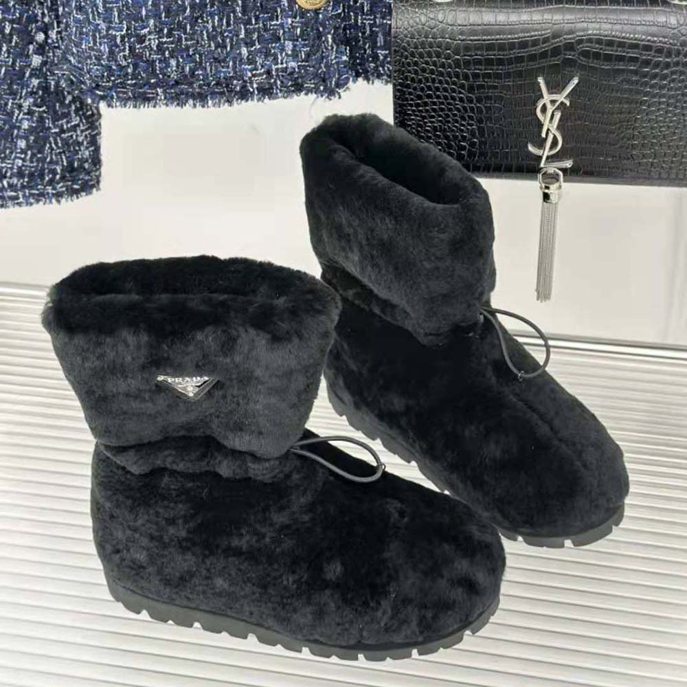 Prada Women Shearling Booties with Enameled Metal Triangle Logo-Black - image 4