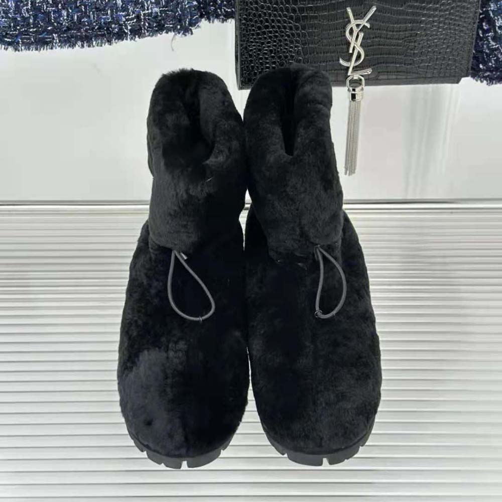 Prada Women Shearling Booties with Enameled Metal Triangle Logo-Black - image 6