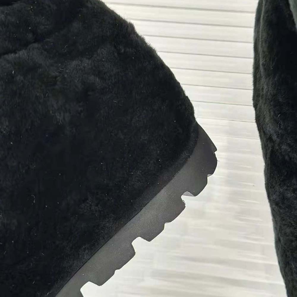 Prada Women Shearling Booties with Enameled Metal Triangle Logo-Black - image 9