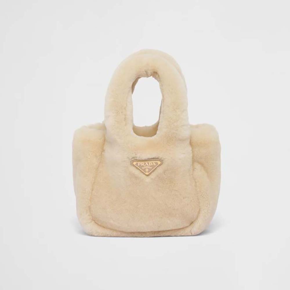 Front view of Prada Women Shearling Mini Handbag-Beige showing gold logo