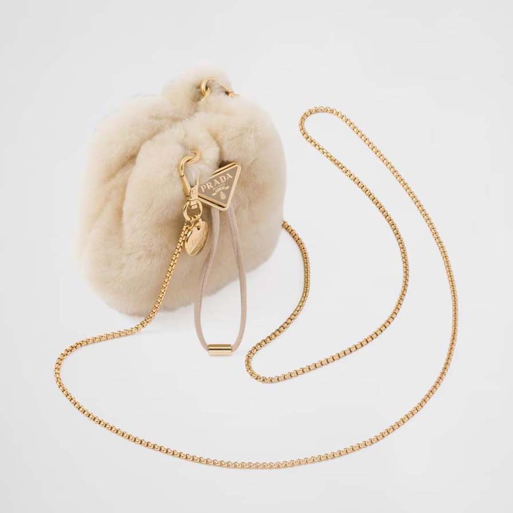 Front view of Prada Women Shearling Mini-pouch-Beige with gold hardware