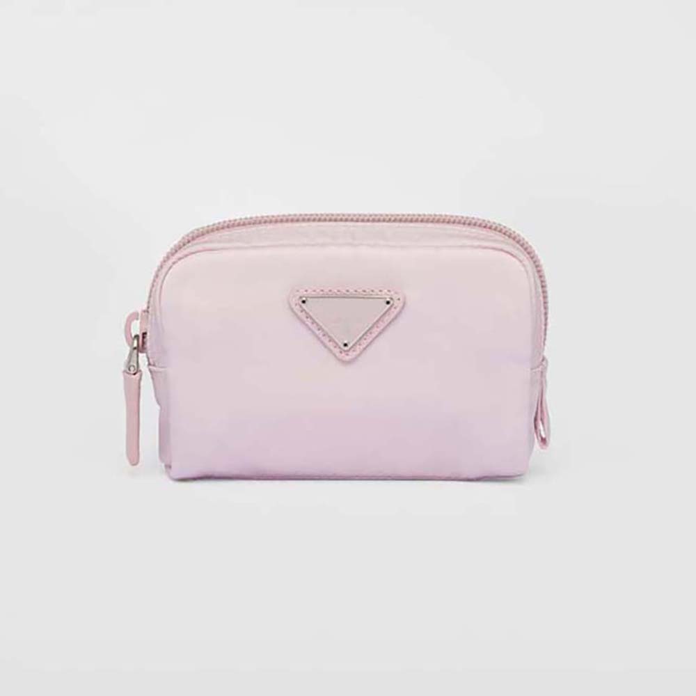 Front view of Prada Women Small Re-Nylon Wallet-Pink with logo detail