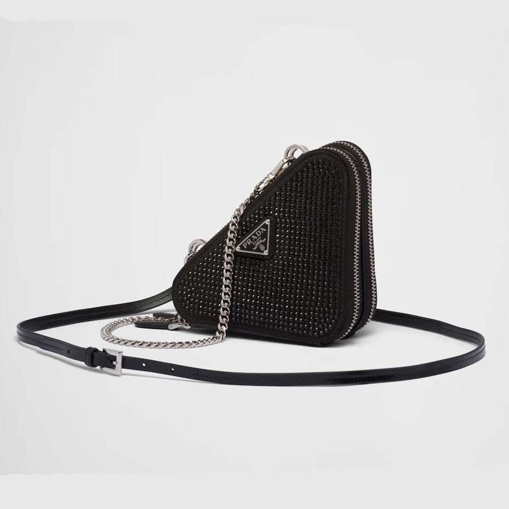 Front view of Prada Women Triangular Embellished Satin and Leather Mini-pouch-Black