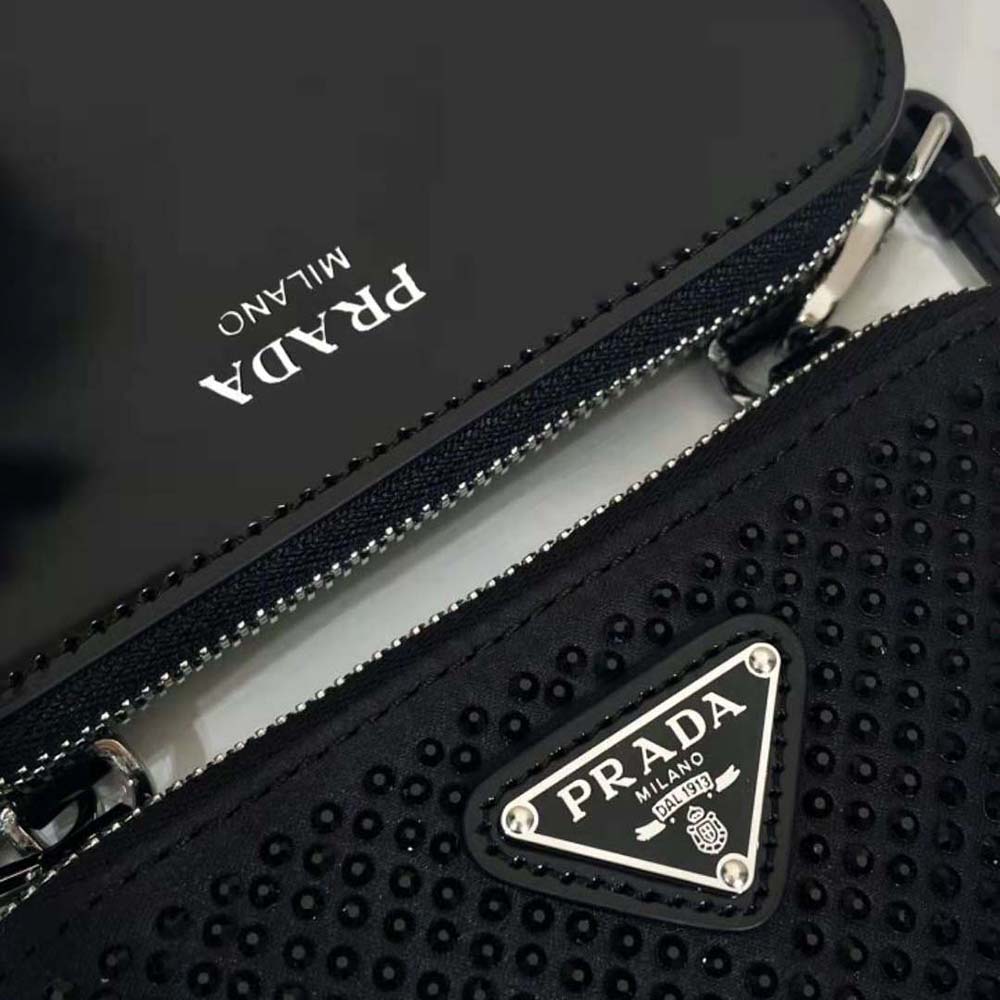 Prada Women Triangular Embellished Satin and Leather Mini-pouch-Black - image 10
