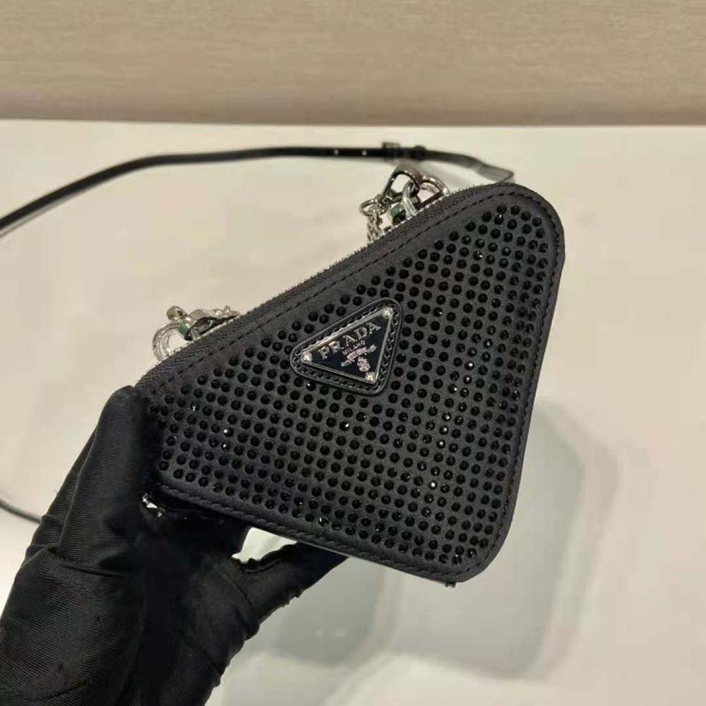 Prada Women Triangular Embellished Satin and Leather Mini-pouch-Black - image 7