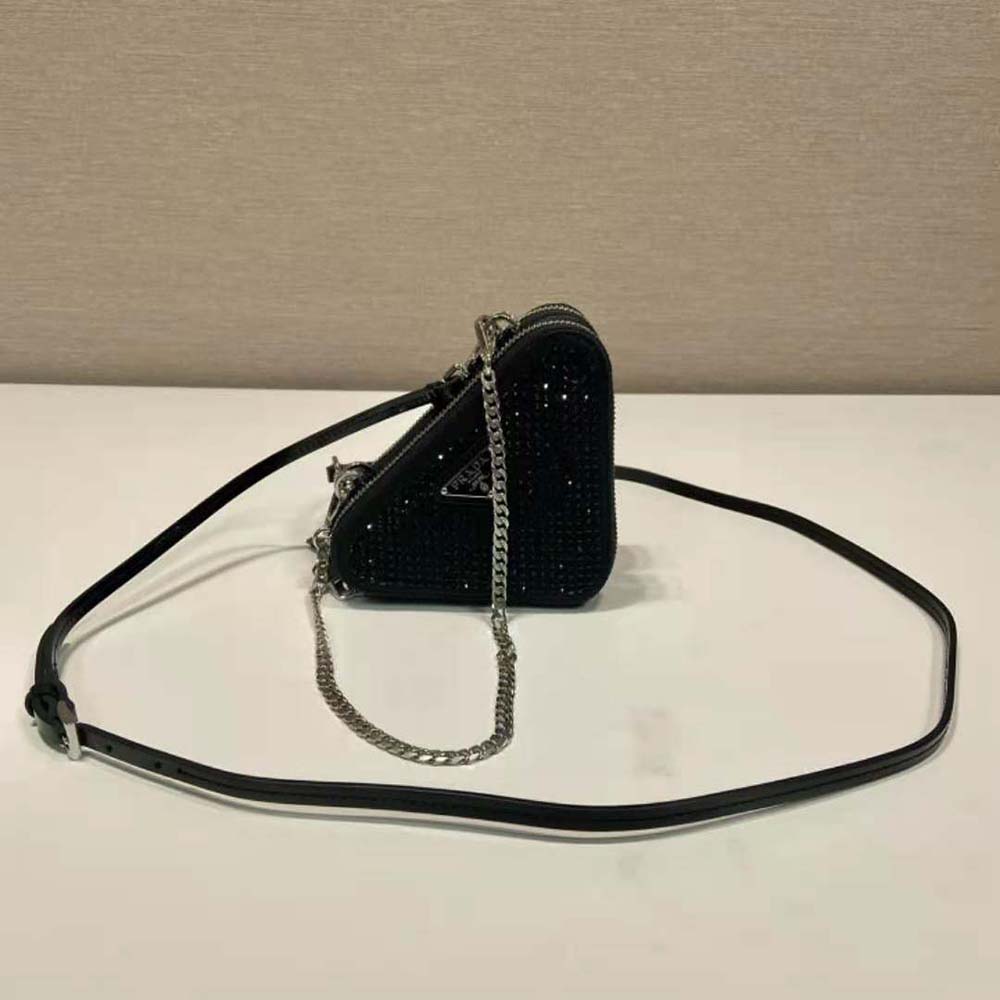 Prada Women Triangular Embellished Satin and Leather Mini-pouch-Black - image 4