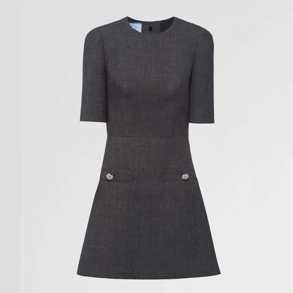 Front view of Prada Women Wool Mini-dress-Gray with fitted silhouette