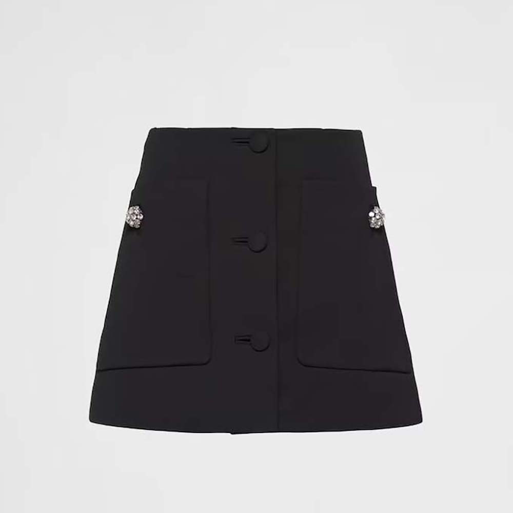 Front view of Prada Women Wool Satin Miniskirt-Black with smooth satin panels