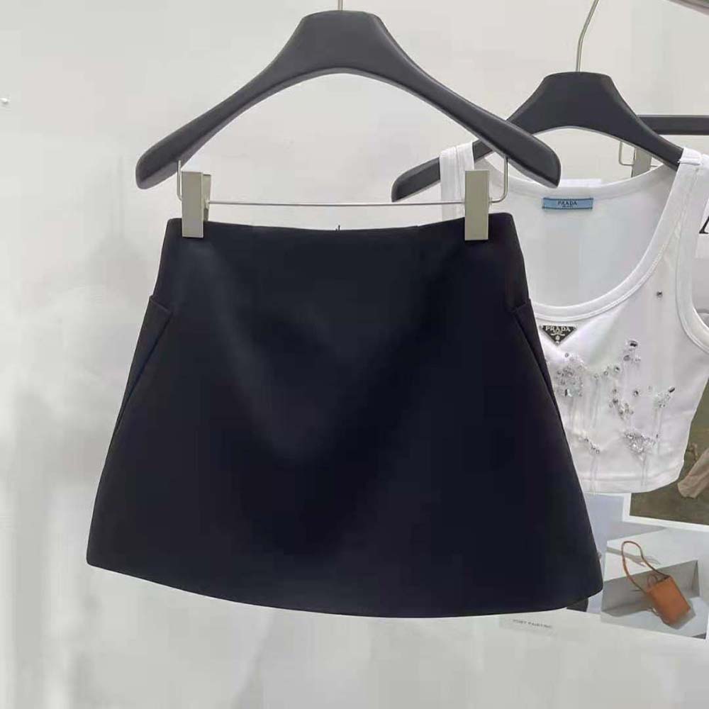 Side angle showing silhouette and zip closure on Prada Women Wool Satin Miniskirt-Black