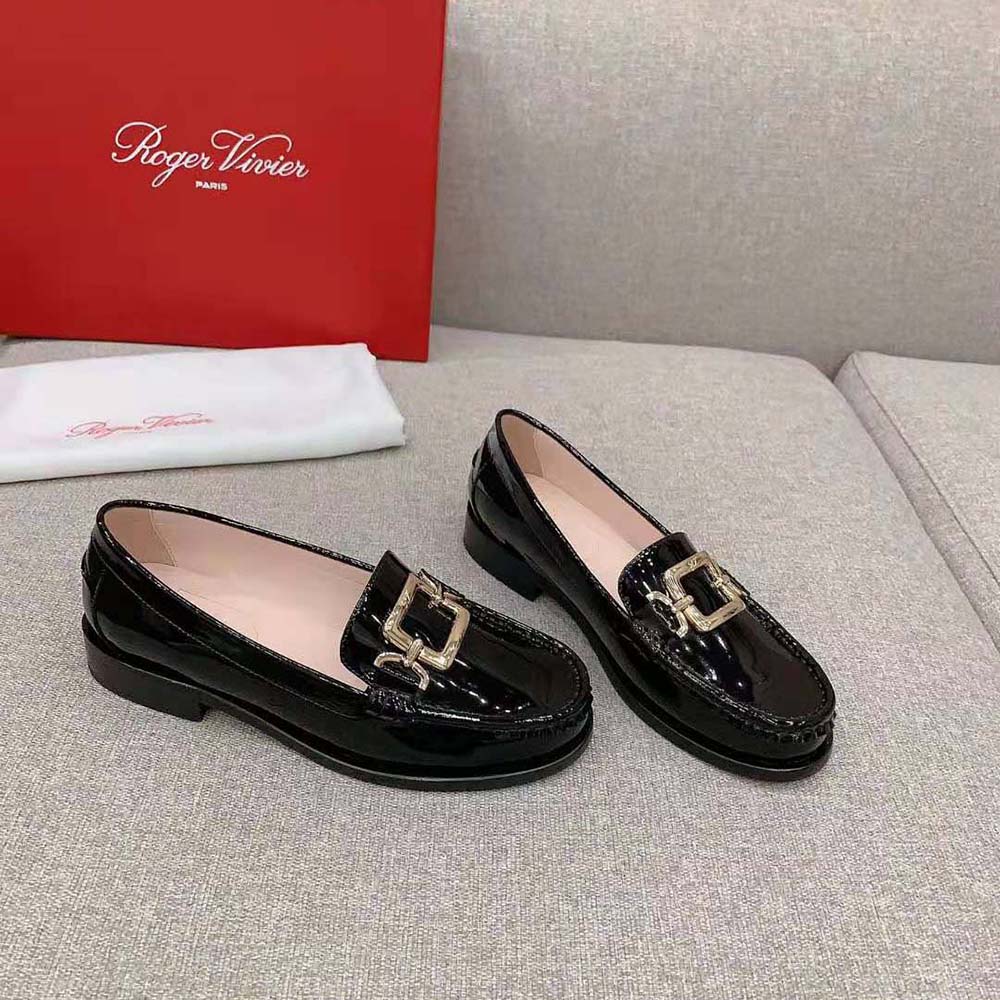 Top view showing sleek silhouette of Roger Vivier Metal Buckle Morsetto Loafers