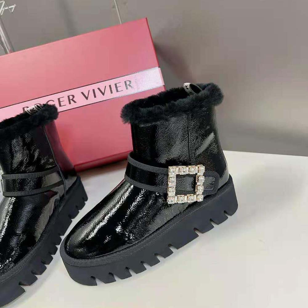 Roger Vivier Women Viv’ Winter Fur Strass Buckle Ankle Boots in Patent Leather-Black - image 7