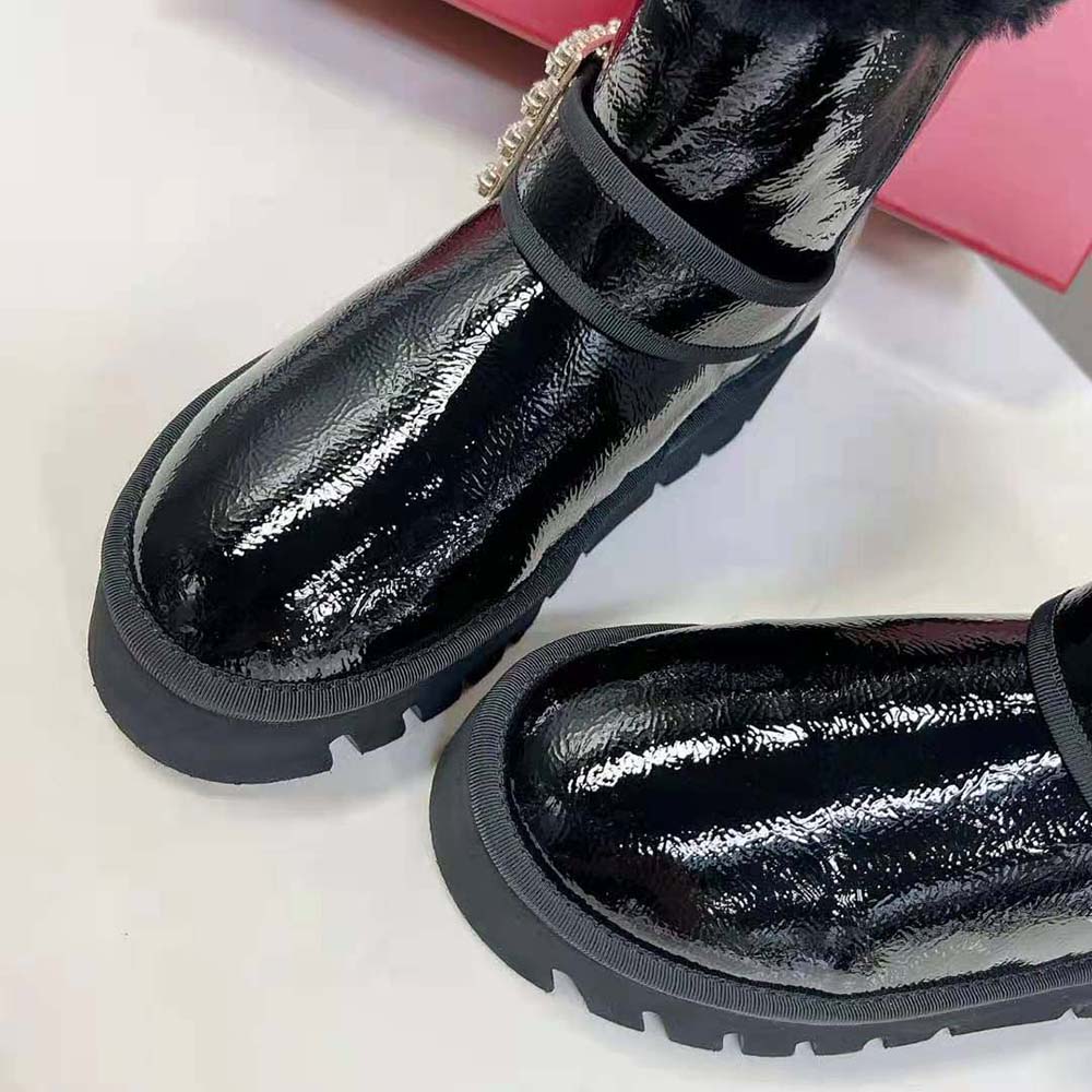 Roger Vivier Women Viv’ Winter Fur Strass Buckle Ankle Boots in Patent Leather-Black - image 9