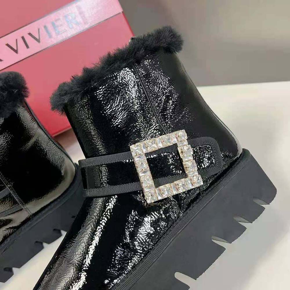 Roger Vivier Women Viv’ Winter Fur Strass Buckle Ankle Boots in Patent Leather-Black - image 8