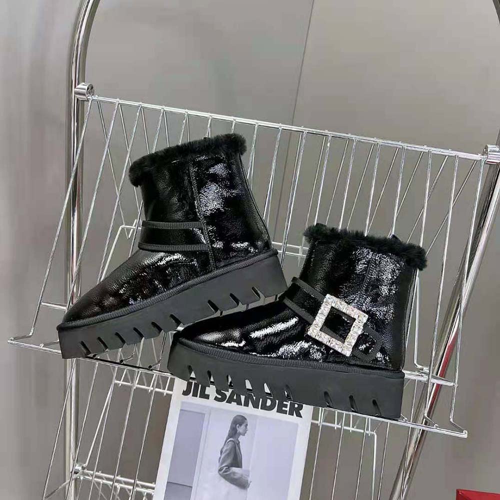 Roger Vivier Women Viv’ Winter Fur Strass Buckle Ankle Boots in Patent Leather-Black - image 5