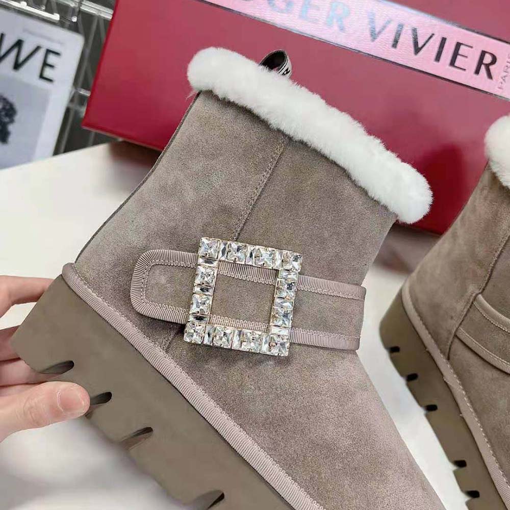 Roger Vivier Women Viv’ Winter Fur Strass Buckle Ankle Boots in Suede-Beige - image 8
