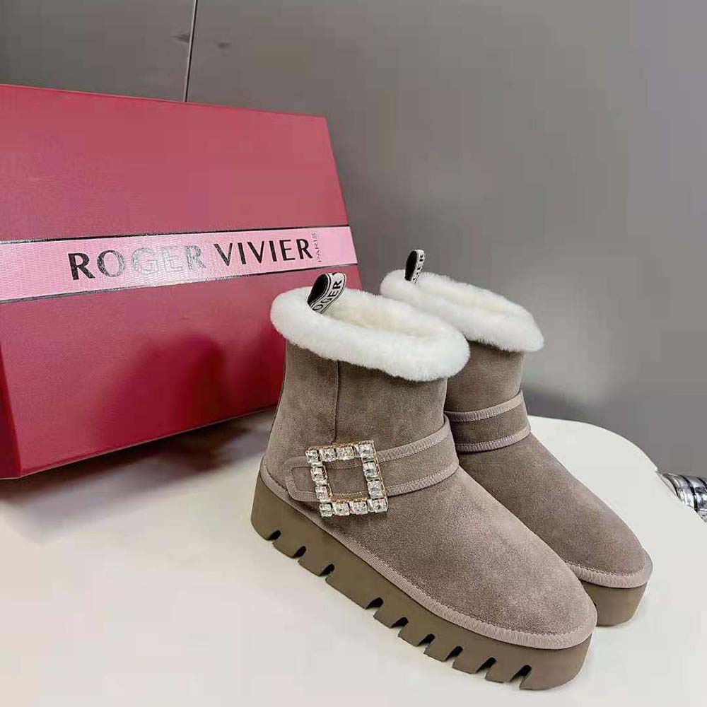 Top view showing fur lining of Roger Vivier Women Viv’ Winter Fur Strass Buckle Ankle Boots