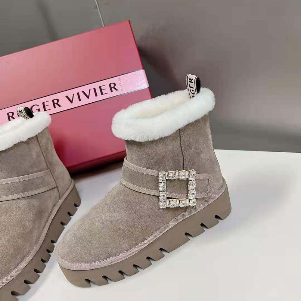 Roger Vivier Women Viv’ Winter Fur Strass Buckle Ankle Boots in Suede-Beige - image 6