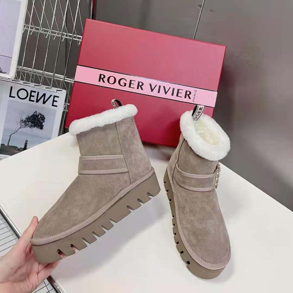 Roger Vivier Women Viv’ Winter Fur Strass Buckle Ankle Boots in Suede-Beige - image 7
