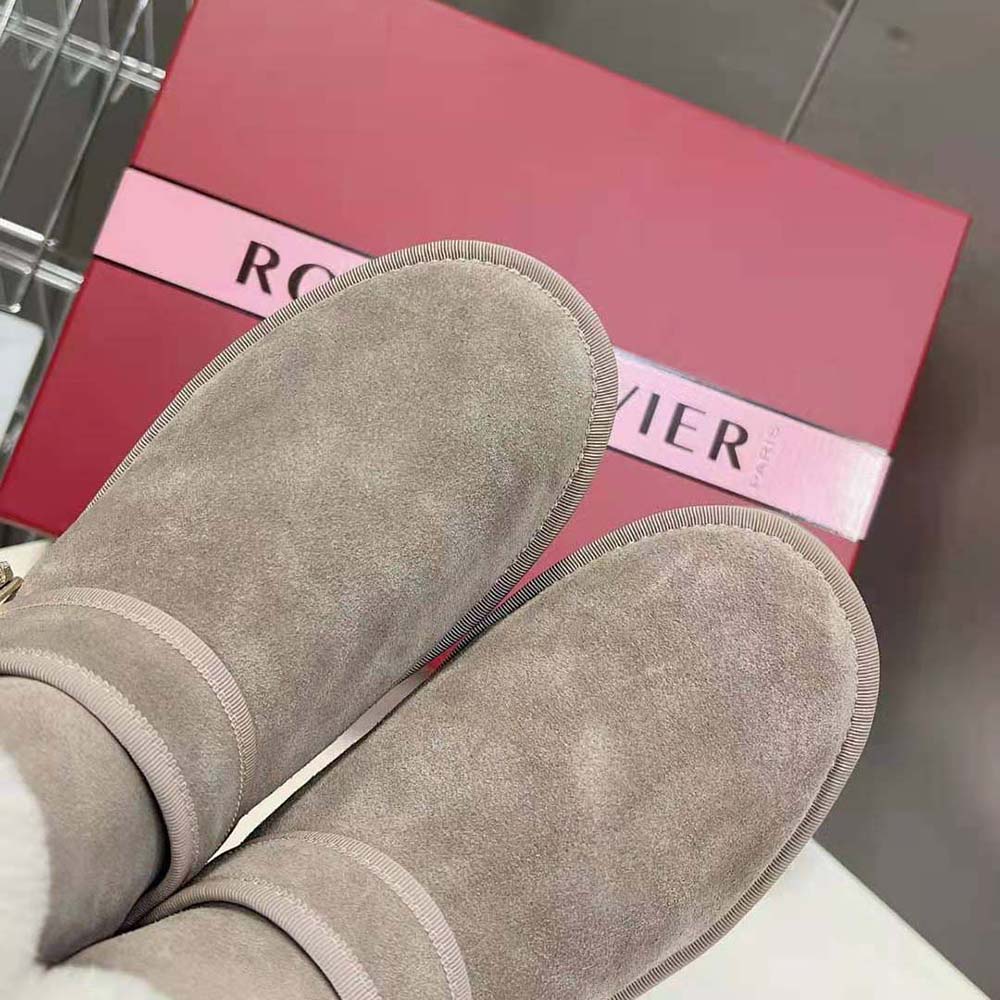 Roger Vivier Women Viv’ Winter Fur Strass Buckle Ankle Boots in Suede-Beige - image 9
