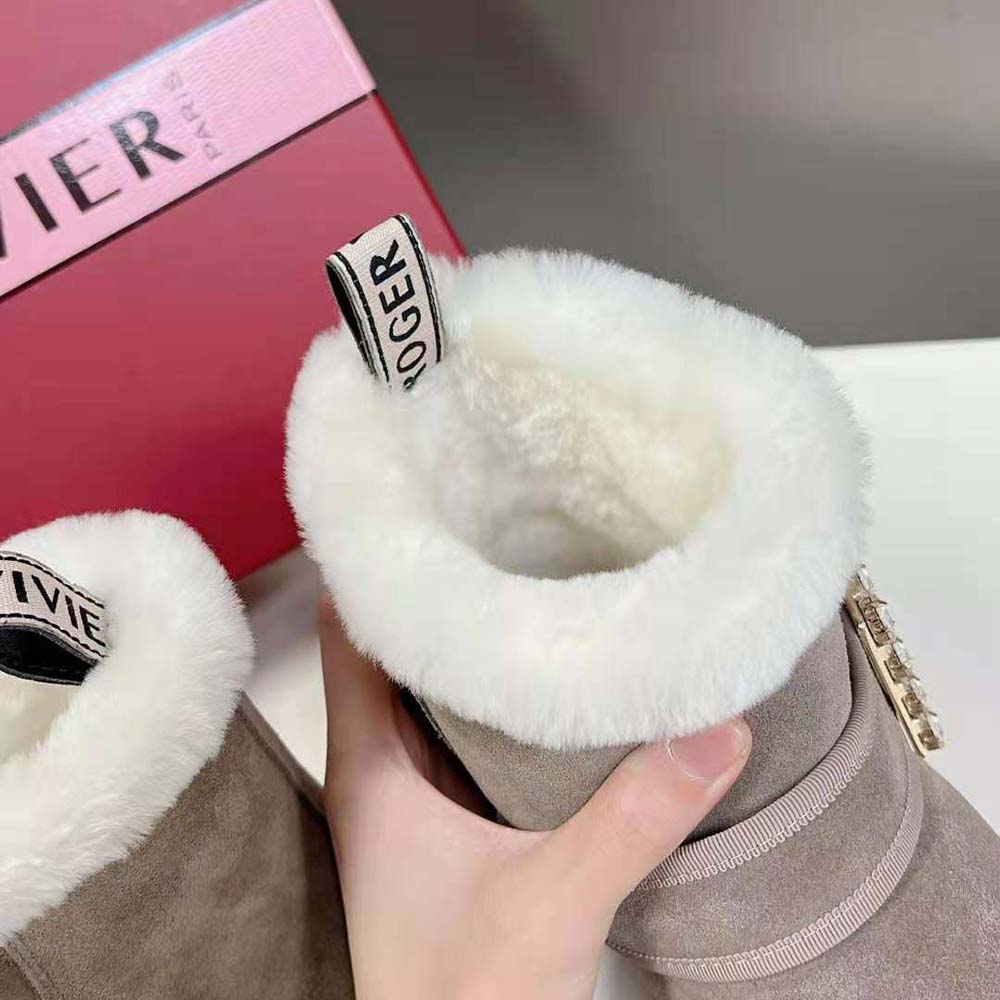 Roger Vivier Women Viv’ Winter Fur Strass Buckle Ankle Boots in Suede-Beige - image 10