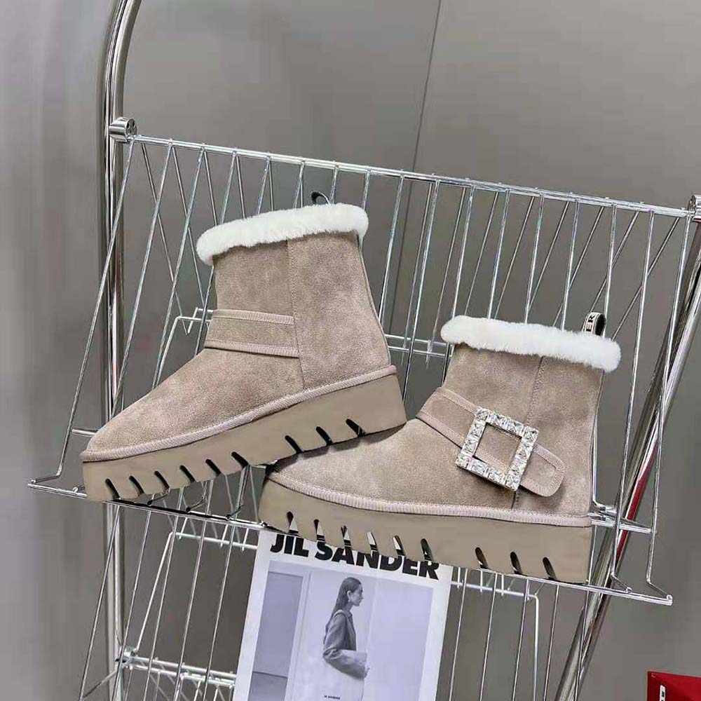 Roger Vivier Women Viv’ Winter Fur Strass Buckle Ankle Boots in Suede-Beige - image 4