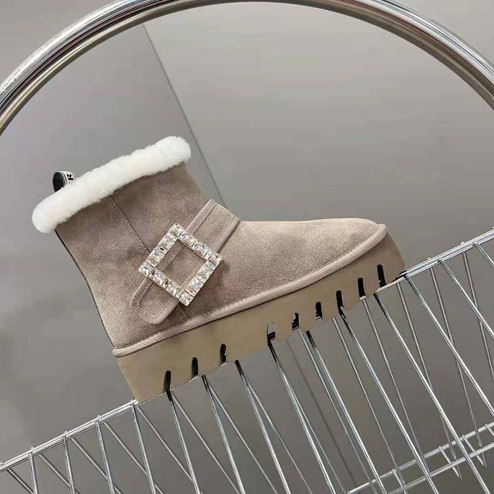 Roger Vivier Women Viv’ Winter Fur Strass Buckle Ankle Boots in Suede-Beige - image 5