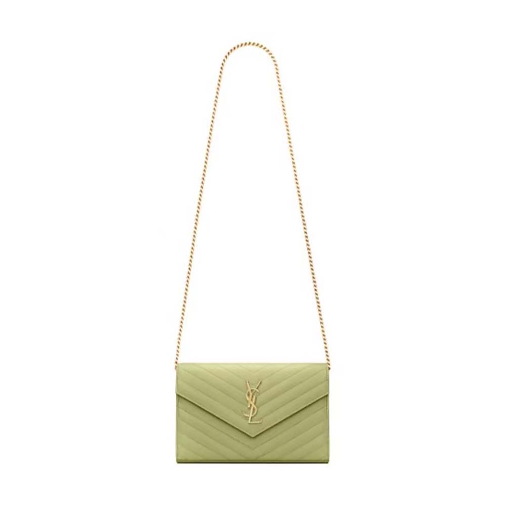 Front view of Saint Laurent Monogram Chain Wallet Grain De Poudre Embossed-Green