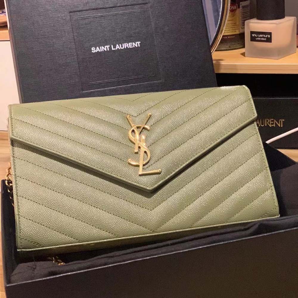 Saint Laurent Monogram Chain Wallet Grain De Poudre Embossed-Green - image 4
