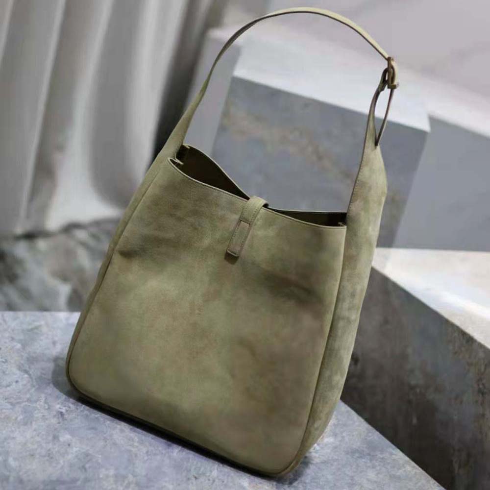 Side profile showing shape and suede texture of Saint Laurent YSL Women Le 5 à 7 Supple Large