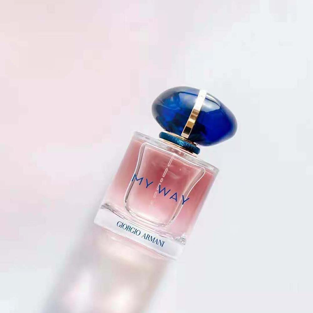 Side angle highlighting pink glass and design of Armani Women My Way Eau de Parfum