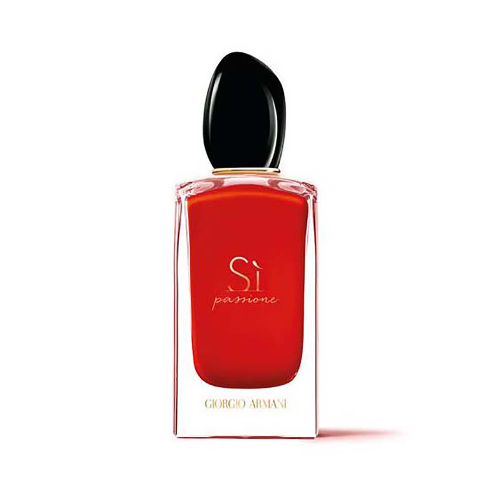Front view of Armani Women Sì Passione Eau de Parfum 100 ml vibrant red bottle