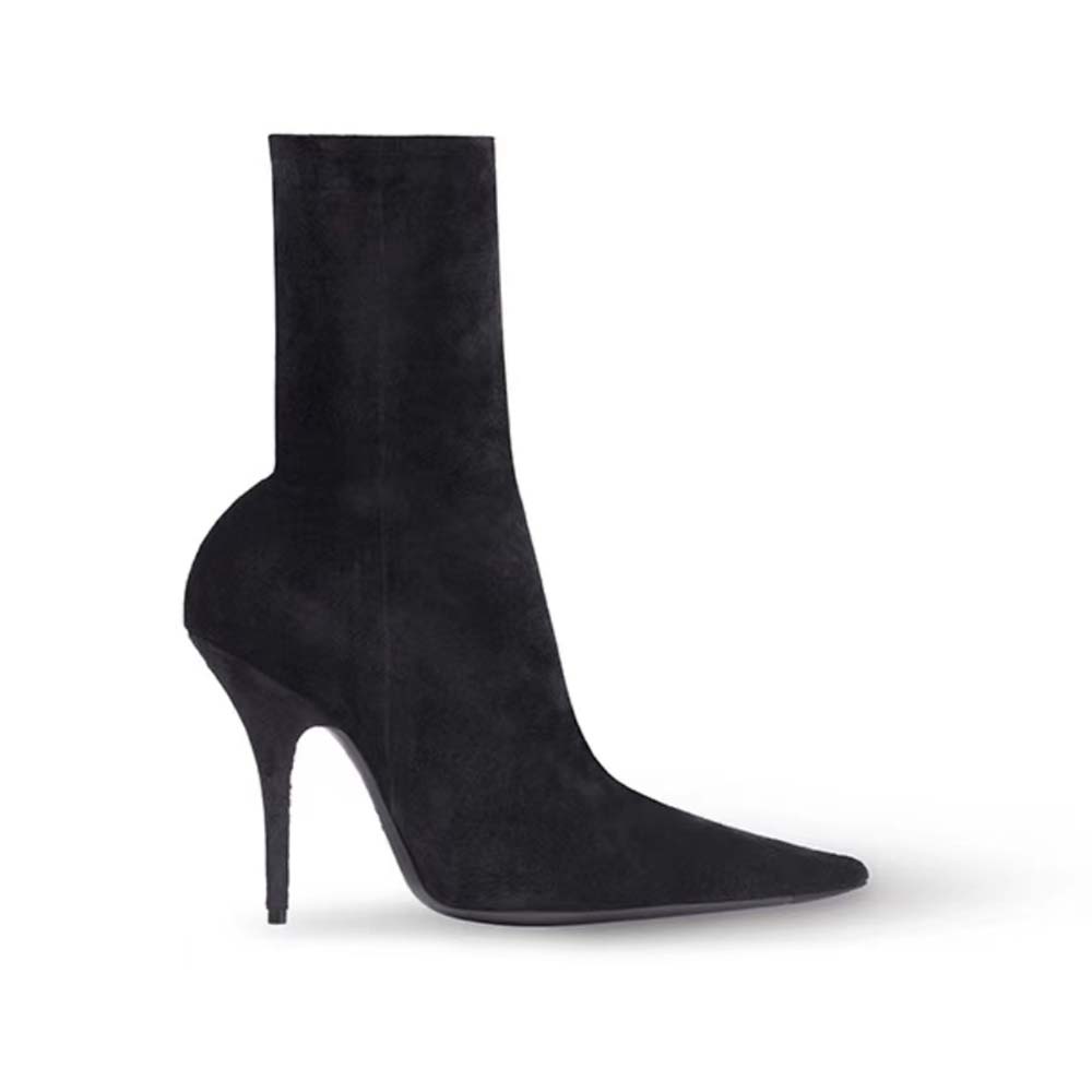 Side profile of Balenciaga Women Knife 110mm Bootie in black velvet jersey