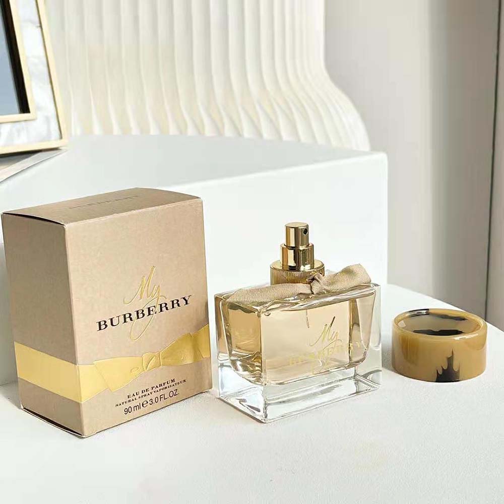 Side angle showing elegant details of Burberry Women My Burberry 90ml perfume