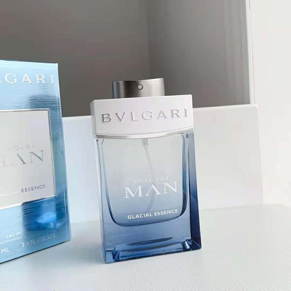 Side angle highlighting sleek silhouette of Bvlgari Men Glacial Essence Eau De Parfum