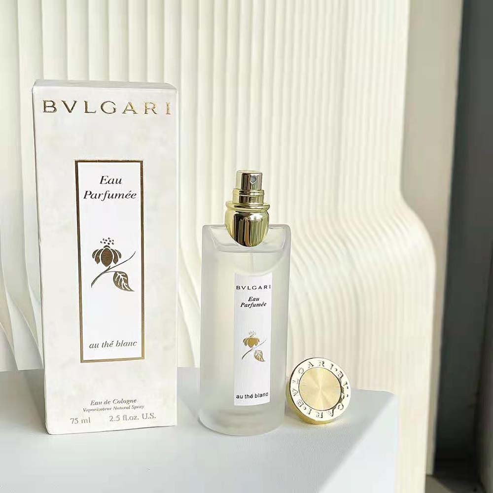 Side angle showing white frosted glass of Bvlgari unisex fragrance