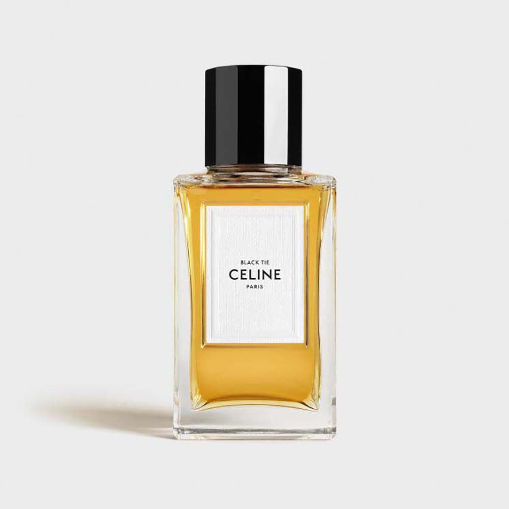 Front view of Celine Unisex Black Tie Eau de Parfum bottle with gold detailing
