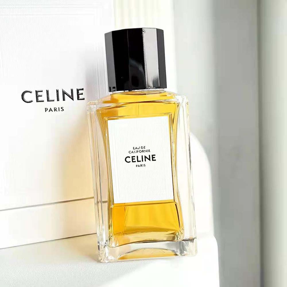 Side angle showing glass bottle and signature design of Celine Unisex Californie Eau de Parfum