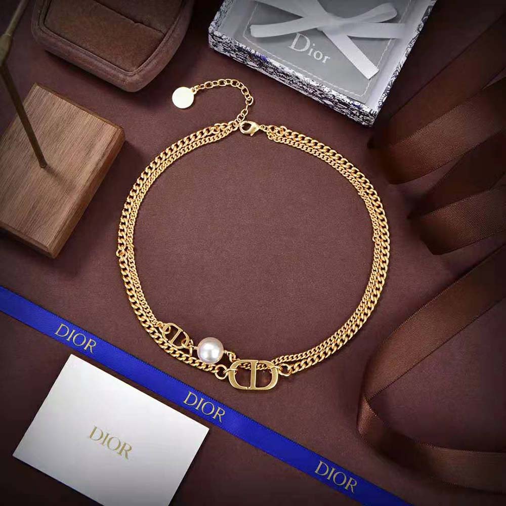 Side angle showing gold finish of Dior Women 30 Montaigne Choker