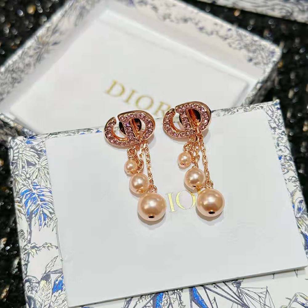 Dior Women CD Navy Earrings Pink-Finish Metal with Pink Resin Pearls and Crystals - image 4