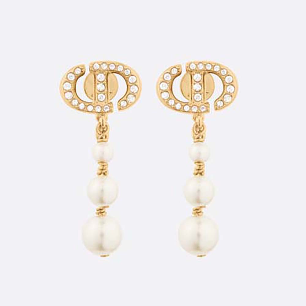 Close-up front view of Dior Women CD Navy Earrings with pearls and crystals