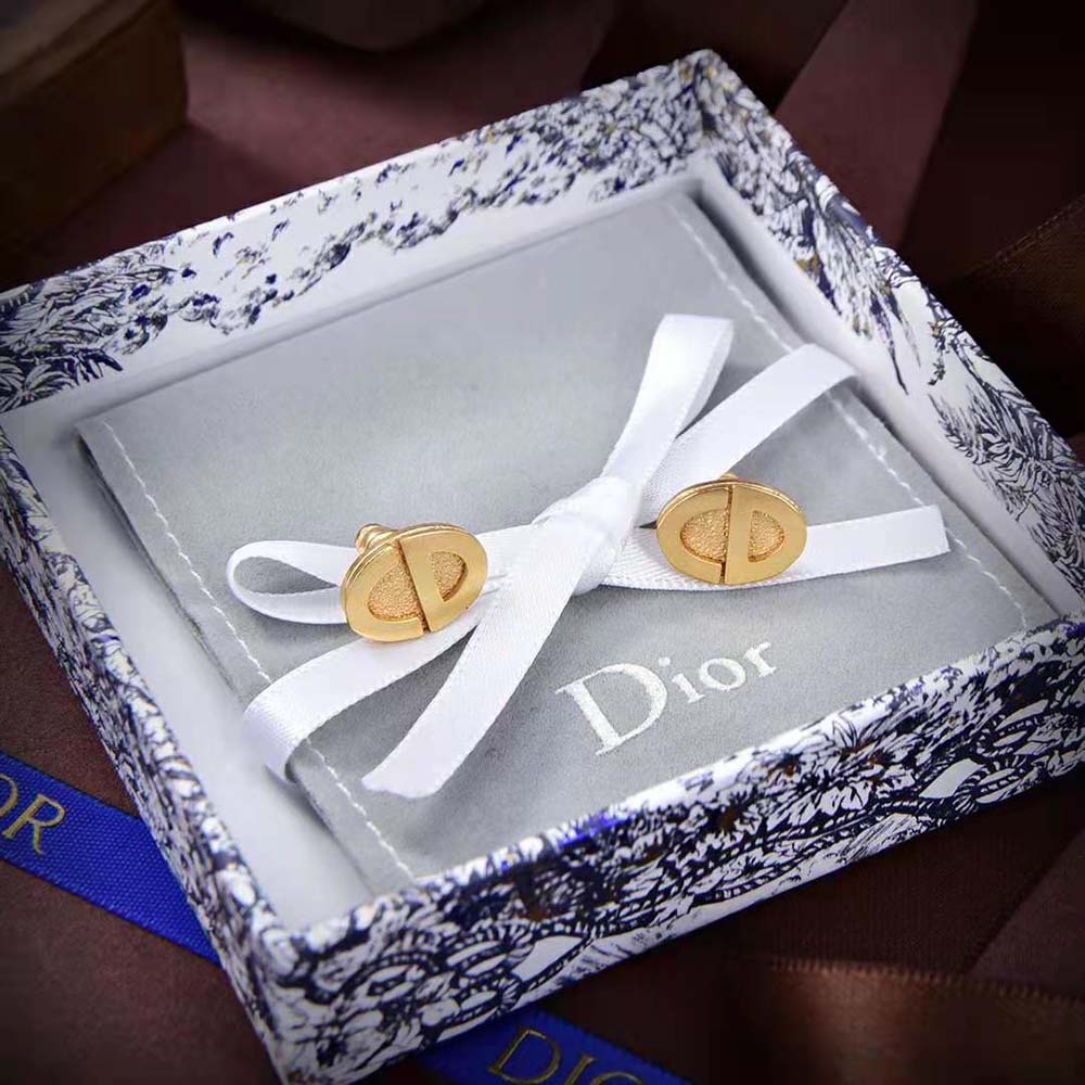 Side view of gold-finish Dior Women Forever Dior Stud Earrings